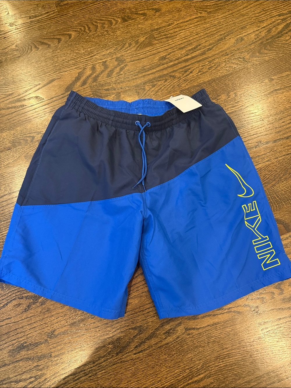 Nike Men’s Navy and Royal Blue Swim Trunks with Neon Yellow Logo size large